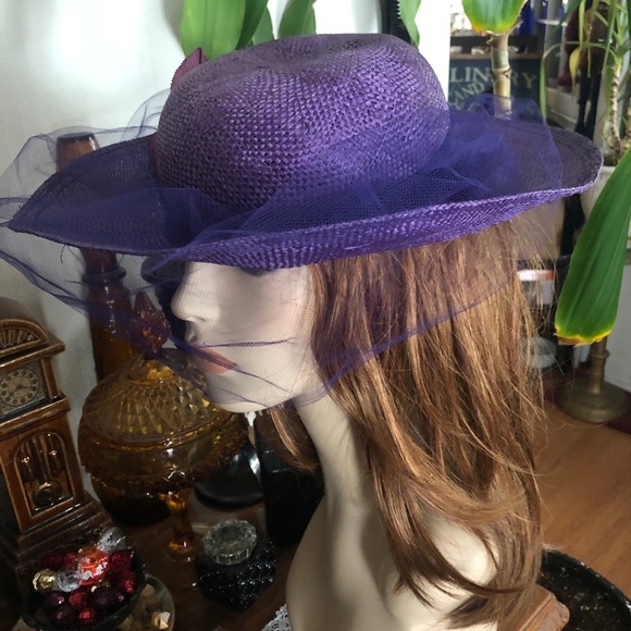 Vintage Wide Brim Purple Straw Derby Hat l
